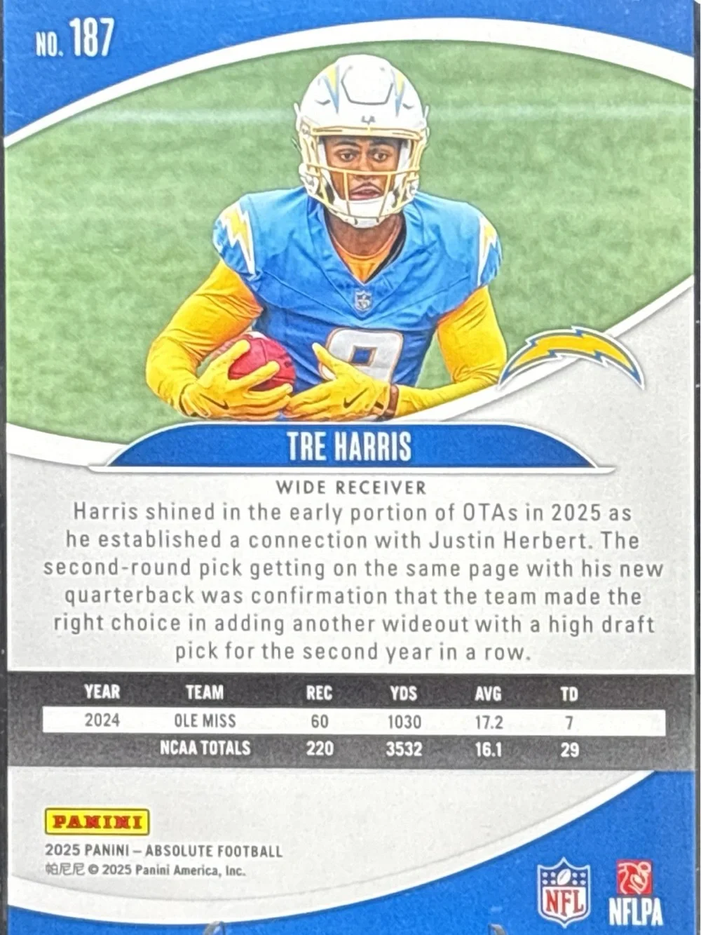 Panini Absolute Football Tre Harris Rookie Los Angeles Chargers Card